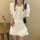 Set: Ruffle Trim Short-sleeve Top / A-line Skirt As Shown In Figure - One Size