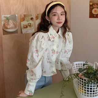 Long-sleeve Floral Cropped Blouse Pink Floral - White - One Size