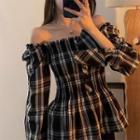 Puff Long-sleeve Off-shoulder Plaid Top