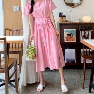 Square-neck Button-back Dress With Cord