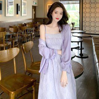 Spaghetti Strap Lace Trim A-line Midi Dress / Long-sleeve Sheer Shirt