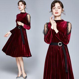 Long-sleeve Cut Out Velvet Midi A-line Dress