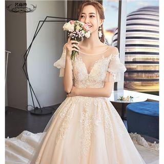 Deep V-neck Lace Embroidered Wedding Ball Gown