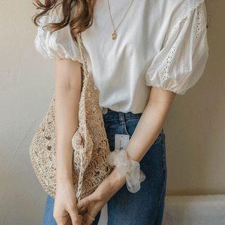 Eyelet-laced Puff-sleeve Top