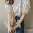 Eyelet-laced Puff-sleeve Top