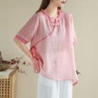 Short-sleeve Embroidered Trim Frog-buttoned Blouse