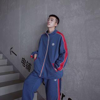 Color Block Printed Zipped Jacket + High-waist Letter Printed Striped Pants