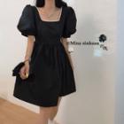 Square Collar Pearl Button Puff-sleeved Dress Black - One Size