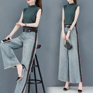 Set: Mock-neck Sleeveless Top + Wide-leg Pants
