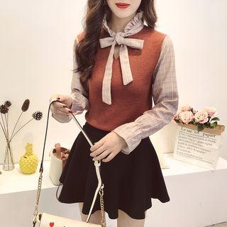 Mock Two-piece Stand Collar Knit Panel Plaid Shirt