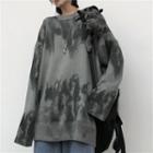 Long-sleeve Tie-dye Round-neck Sweater Gray - One Size