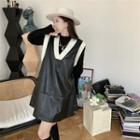 Cutout Long-sleeve Plain Top / Sleeveless Faux-leather Dress (various Designs)