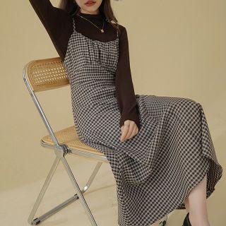 Set: Plaid Midi A-line Overall Dress + Long-sleeve Mock-neck Top