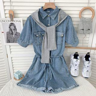 Tie-waist Denim Playsuit With Shawl