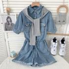 Tie-waist Denim Playsuit With Shawl