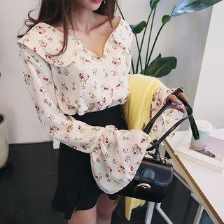 Capelet Ruffle-cuff Floral Chiffon Blouse