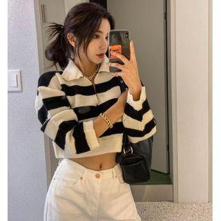 Cropped Collared Striped Sweater Stripes - Black & White - One Size
