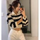 Cropped Collared Striped Sweater Stripes - Black & White - One Size