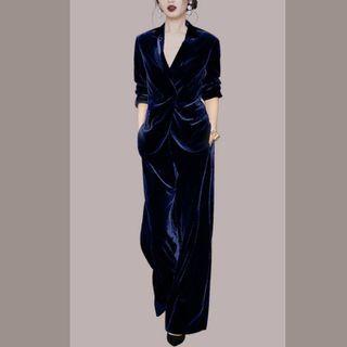 Set: Elbow-sleeve Velvet Blazer + Wide Leg Pants