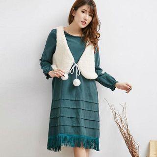 Set: Fringed Long-sleeve Dress + Fleece Vest