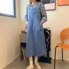 Long-sleeve Plaid Blouse / Plain Midi A-line Overall Dress