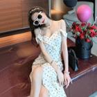 Short-sleeve Cold Shoulder Dotted Midi Mermaid Dress