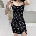 Spaghetti Strap Butterfly Print Sheath Dress