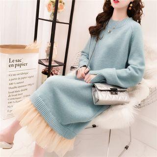 Mesh Ruffle Panel Midi Sweater Dress