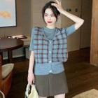Plaid Button Knit Vest / Mini A-line Skirt / Short-sleeve T-shirt