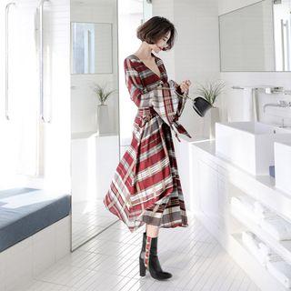 Wrap-front Tie-waist Checked Midi Dress