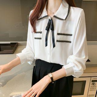 Tie Neck Contrast Trim Long-sleeve Plain Blouse