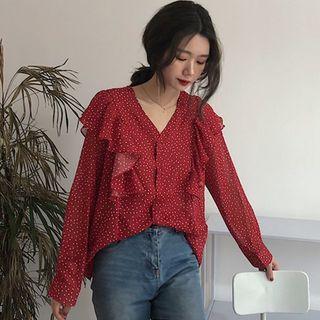 Ruffled Long-sleeve Dotted Blouse