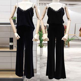 Set: Lace Trim Spaghetti Strap Velvet Top + Wide-leg Pants