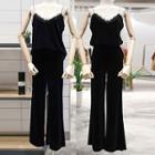 Set: Lace Trim Spaghetti Strap Velvet Top + Wide-leg Pants