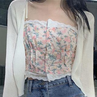 Floral Print Lace Trim Camisole Top / Ribbed Cardigan