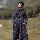 Floral Print Knot Button Padded Long Coat Dark Blue - One Size