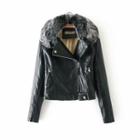 Faux Leather Cropped Furry-trim Side-zip Jacket