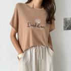 Batwing-sleeve Embroidered Textured T-shirt