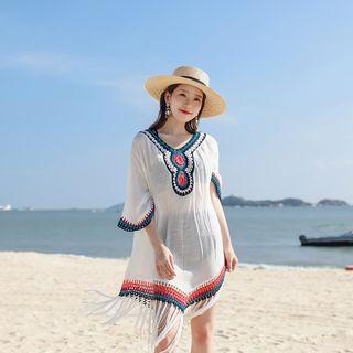 3/4-sleeve Perforated Cover Up White - One Size