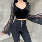 Lace Panel Sleeve Cropped Top