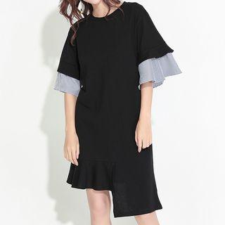 Striped Panel 3/4 Sleeve Asymmetric Hem Dress