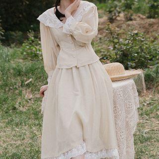 Set: Lace Trim Long-sleeve Blouse + Midi A-line Skirt