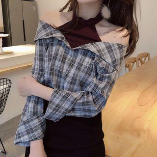 Cut Out Shoulder 3/4 Sleeve Plaid Shirt