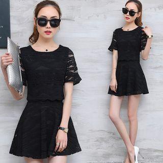 Set : Lace Short-sleeve Top + Mini Skirt