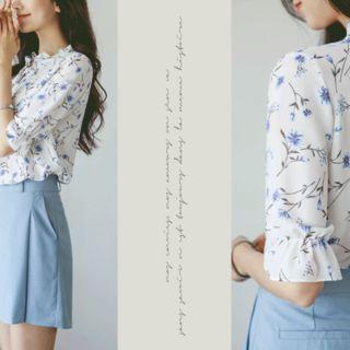 Lettuce-edge Floral Chiffon Blouse