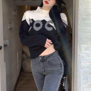 Mock-neck Lettering Knit Top Black & White - One Size