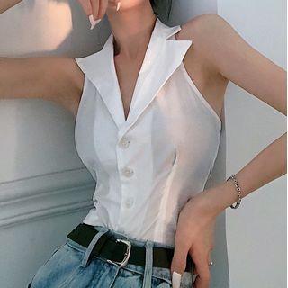 Sleeveless Notch Lapel Button-up Top