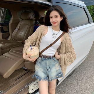 Perforated Cardigan / Distressed Tassel Trim Denim Shorts