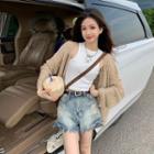 Perforated Cardigan / Distressed Tassel Trim Denim Shorts