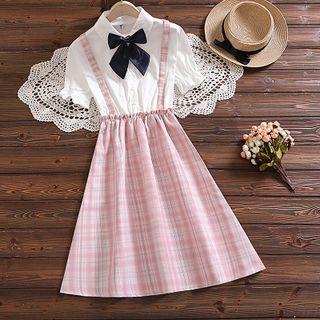 Mock Two-piece Short-sleeve Plaid Bow-accent A-line Dress